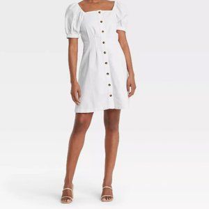 Women's Puff Short Sleeve Denim Dress - White